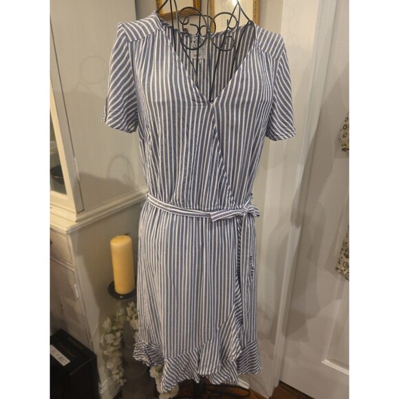 NAÏF Anthropologie Blue‎ Striped Ruffle Wrap Belted Dress Size Medium Preppy - Picture 1 of 7